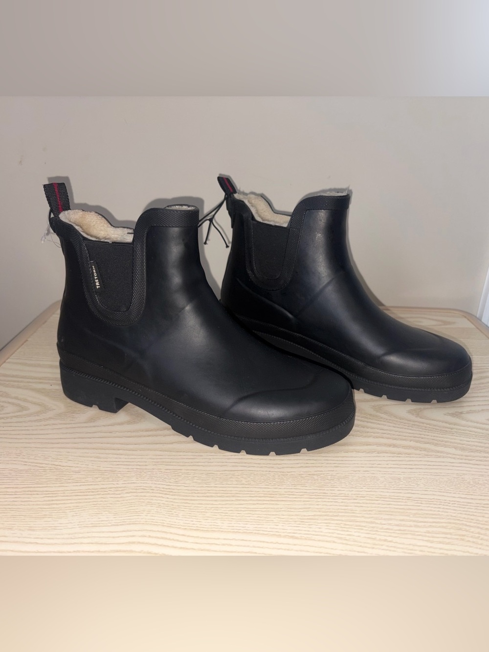 Tretorn Black Chelsea Ankle Rain Boots with Shearling Trim